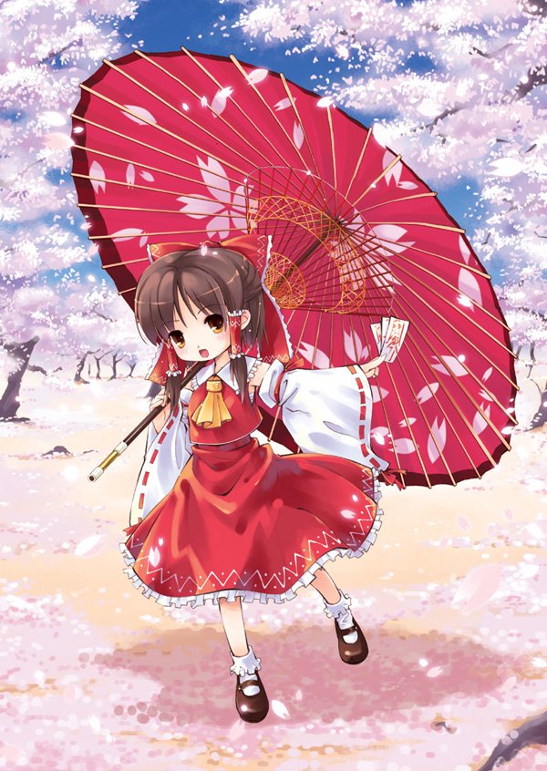 nagisa honoka, hakurei reimu, touhou, 1girl, brown hair, female focus, oil-paper umbrella, solo, umbrella