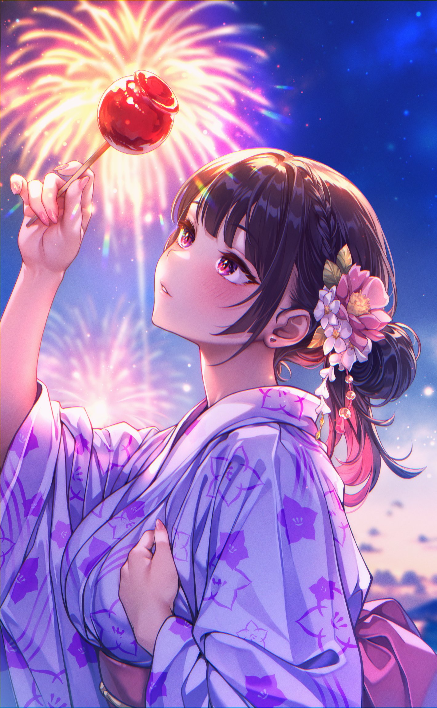 shashaki, commentary request, highres, 1girl, aerial fireworks, black hair, candy apple, fireworks, food, from side, galholic, hair bun, hair ornament, hand on own chest, holding, holding candy apple, holding food, japanese clothes, kimono, looking at food, momoka (galholic), parted lips, purple eyes, purple kimono, purple sky, sky, solo, upper body