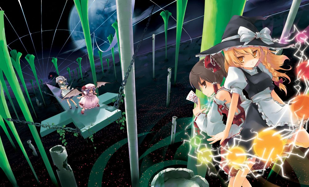 nagisa honoka, hakurei reimu, izayoi sakuya, kirisame marisa, remilia scarlet, touhou, silver hair, 4girls, apron, bamboo, black dress, blonde hair, blue dress, braid, brown hair, detached sleeves, dress, female focus, flying, hat, lake, long hair, looking at viewer, maid headdress, multiple girls, pier, pink hair, ponytail, puffy short sleeves, puffy sleeves, short sleeves, single braid, standing, waist apron, water, witch hat