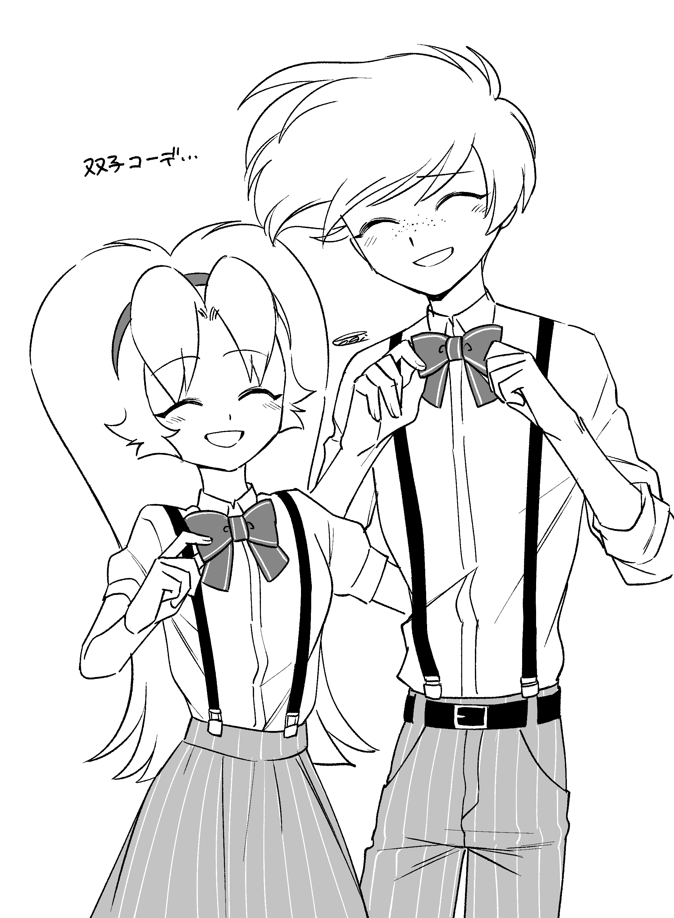 menma (enaic31), angel dust, molly (hazbin hotel), hazbin hotel, hellaverse, absurdres, commentary request, highres, translation request, 1boy, 1girl, :d, ^ ^, adjusting bowtie, belt, bow, bowtie, brother and sister, closed eyes, collared shirt, cowboy shot, facing viewer, fingernails, freckles, greyscale, grin, hairband, humanization, long hair, monochrome, open mouth, pants, pinstripe pants, pinstripe pattern, pinstripe skirt, puffy short sleeves, puffy sleeves, raised eyebrows, raised inner eyebrows, shirt, shirt tucked in, short hair, short sleeves, siblings, signature, simple background, skirt, smile, standing, suspender skirt, suspenders, three-quarter sleeves, very long hair, white background