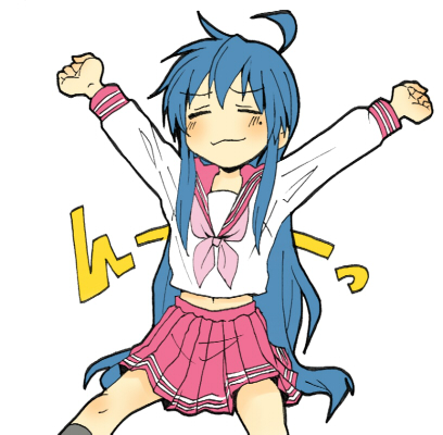 kochoko, izumi konata, lucky star, lowres, 00s, 1girl, ahoge, blue hair, closed eyes, female focus, long hair, mole, mole under eye, school uniform, serafuku, solo, stretching