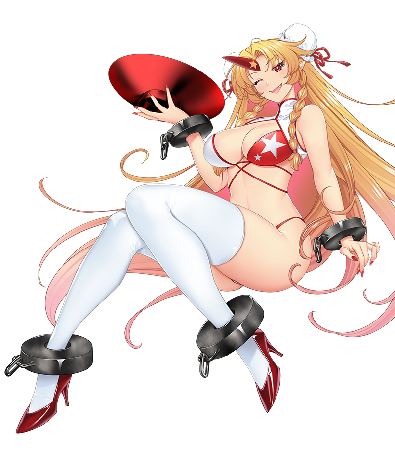 hataraki kuma, hoshiguma yuugi, touhou, commentary request, 1girl, ;d, bikini, blonde hair, bottomless, bound, bound ankles, bound wrists, braid, breasts, cleavage, cuffs, cup, curtained hair, curvy, double bun, dress, fang, full body, hair bun, hair ornament, hair ribbon, high heels, holding, holding cup, horns, knees together feet apart, large breasts, legs, long hair, long legs, looking at viewer, multicolored hair, one eye closed, oni, open mouth, pink hair, plump, pointy ears, red dress, red eyes, red nails, red ribbon, red shoes, ribbon, shackles, shoes, simple background, single horn, smile, solo, star (symbol), streaked hair, string bikini, swimsuit, thighhighs, thighs, transparent background, twin braids, two-tone hair, v-shaped eyebrows, very long hair, white thighhighs