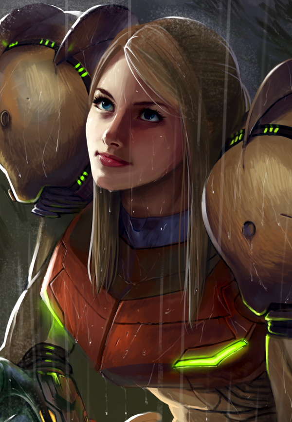 ivan flores, samus aran, metroid, nintendo, blonde hair, blue eyes, rain, realistic, smile, varia suit, wet hair