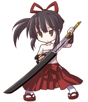 dorua (dollar), bushidou (sekaiju), bushidou 2 (sekaiju), atlus, etrian odyssey, lowres, 1girl, chest sarashi, female focus, flat chest, hakama, hakama skirt, japanese clothes, ponytail, red hakama, samurai, sarashi, sheath, skirt, solo, sword, unsheathing, weapon