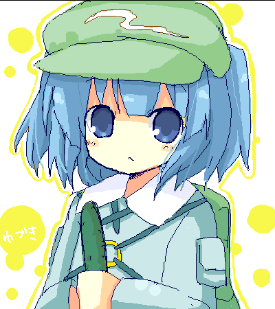 yuzuki (yuduame), kawashiro nitori, touhou, bad id, bad pixiv id, lowres, 1girl, cucumber, female focus, oekaki, solo, two side up