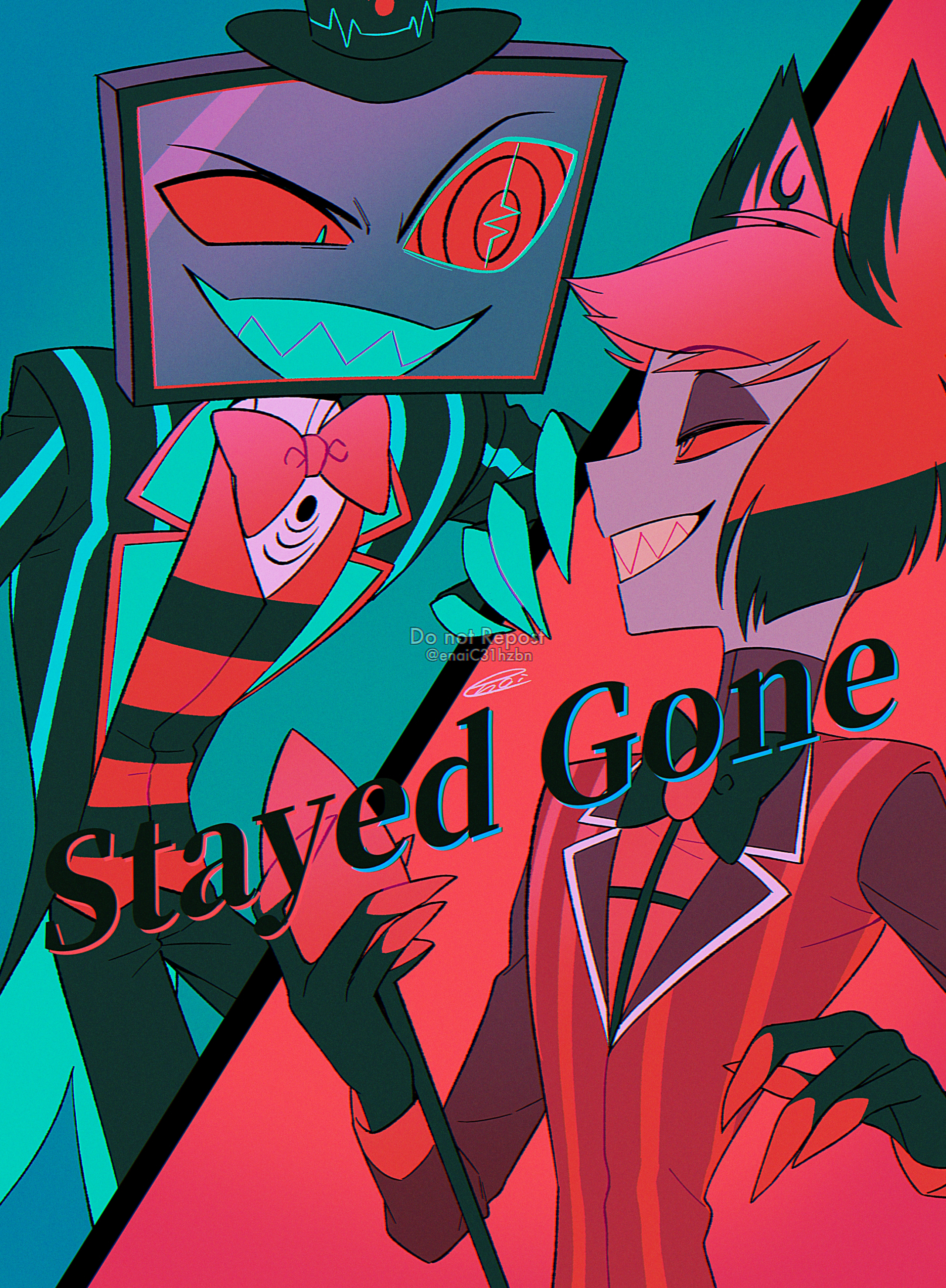 menma (enaic31), alastor (hazbin hotel), vox (hazbin hotel), hazbin hotel, hellaverse, absurdres, commentary request, highres, 2boys, :d, antlers, aqua background, black bow, black bowtie, black coat, black hair, black hat, black pants, black vest, blue coat, blue eyes, blue teeth, bob cut, bow, bowtie, brown eyeshadow, chromatic aberration, coat, colored sclera, colored skin, colored teeth, colored tips, cowboy shot, deer antlers, english text, eye contact, face-to-face, fewer digits, film grain, grey skin, grin, hair horns, hat, holding, holding staff, horns, inverted bob, lapels, long sleeves, looking at another, male focus, multicolored coat, multicolored hair, multiple boys, notched lapels, object head, open mouth, pants, profile, red background, red bow, red bowtie, red coat, red eyes, red hair, red sclera, red shirt, red vest, ringed eyes, sharp teeth, shirt, signature, simple background, smile, song name, staff, striped clothes, striped coat, striped vest, teeth, television, top hat, traditional bowtie, two-sided coat, two-sided fabric, two-tone coat, two-tone hair, two-tone vest, uneven eyes, upper body, vertical-striped coat, vest, watermark, white shirt, yellow teeth