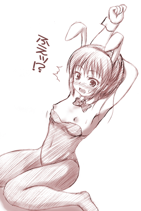 johnny (from scratch), kyon, kyonko, suzumiya haruhi no yuuutsu, translated, 00s, 1girl, animal ears, armpits, arms up, blush, fake animal ears, female focus, flat chest, genderswap, genderswap (mtf), leotard, monochrome, nipple slip, nipples, open mouth, pantyhose, playboy bunny, ponytail, rabbit ears, short hair, simple background, sitting, solo, surprised, text focus, wardrobe malfunction, white background, wrist cuffs