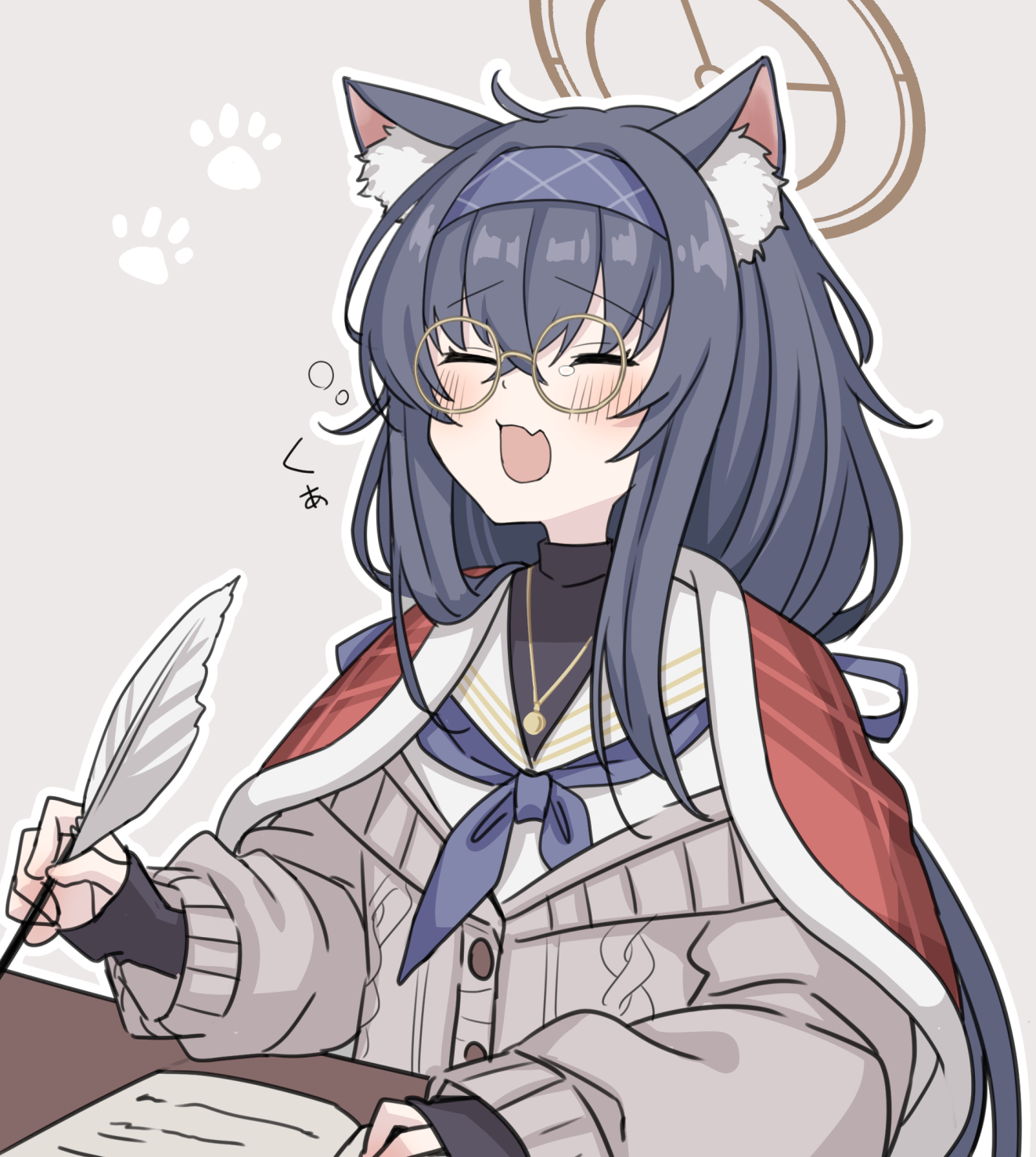 doraje, ui (blue archive), blue archive, commentary request, highres, 1girl, :d, animal ear fluff, animal ears, blanket, blue hairband, blue neckerchief, blue ribbon, blush, brown halo, cardigan, cat ears, closed eyes, cowlick, crossed bangs, fang, glasses, grey background, grey cardigan, hair between eyes, hair ribbon, hairband, halo, holding, holding quill, jewelry, kemonomimi mode, long hair, long sleeves, low twintails, neckerchief, necklace, open mouth, outline, paw print, quill, ribbon, sailor collar, shirt, sidelocks, simple background, skin fang, smile, solo, twintails, upper body, white outline, white sailor collar, white shirt, writing