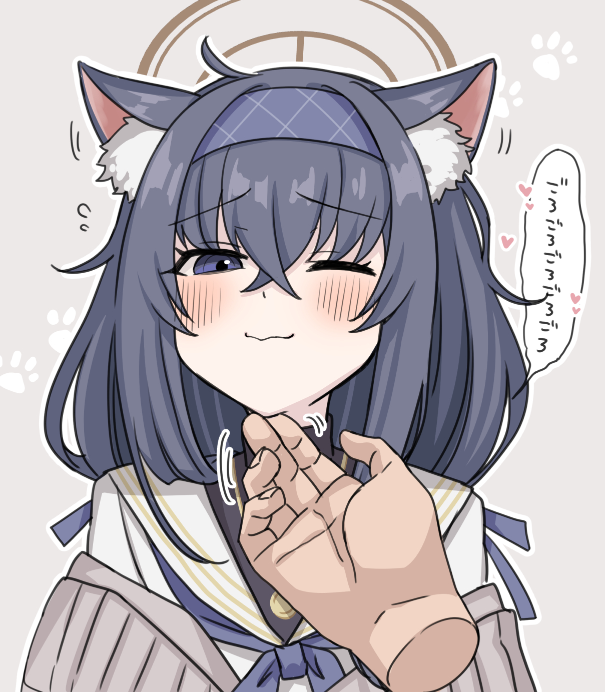 doraje, ui (blue archive), blue archive, commentary request, highres, translation request, 1other, :3, animal ear fluff, animal ears, black hair, blue eyes, blue hairband, blue neckerchief, blush, brown halo, cardigan, cat ears, cowlick, flying sweatdrops, grey background, grey cardigan, hair ribbon, hairband, halo, hand on another's chin, heart, jewelry, kemonomimi mode, long hair, looking at viewer, motion lines, neckerchief, necklace, off shoulder, one eye closed, outline, paw print, pov, pov hands, ribbon, sailor collar, shirt, sidelocks, simple background, speech bubble, stroking another's chin, white outline, white sailor collar, white shirt