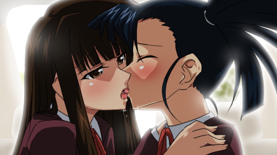 4040 (abonriya), sanshita, konoe konoka, sakurazaki setsuna, mahou sensei negima!, 00s, 2girls, blue hair, blush, brown eyes, brown hair, closed eyes, female focus, french kiss, kiss, long hair, multiple girls, open mouth, ponytail, saliva, school uniform, serafuku, side ponytail, tongue, yuri