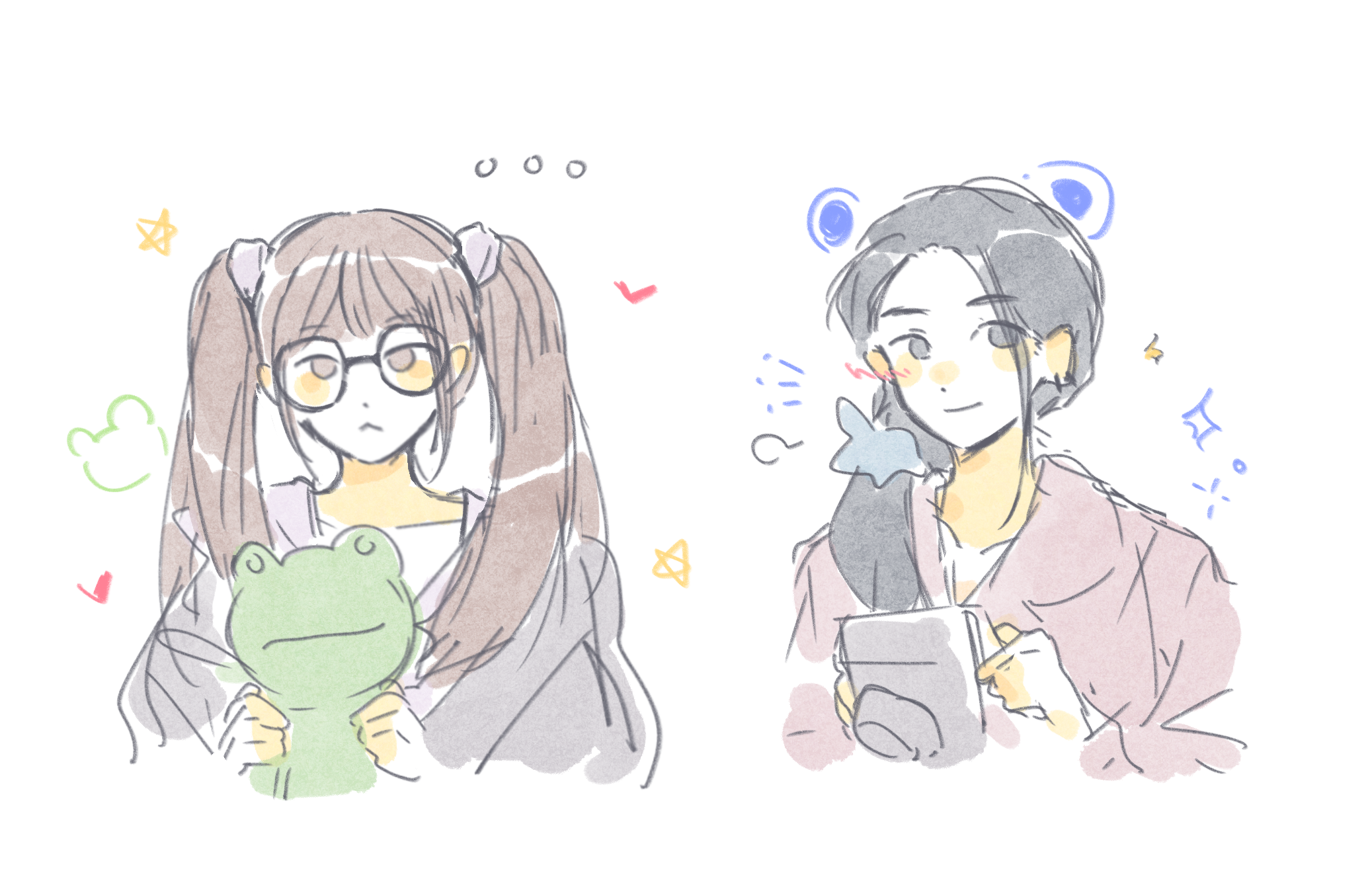woodonly, haerin (newjeans), minji (newjeans), newjeans, real life, commentary, highres, symbol-only commentary, 2girls, :<, animification, black-framed eyewear, black hair, black jacket, blunt bangs, brown hair, camera, closed mouth, collarbone, frown, glasses, grey eyes, holding, holding camera, holding stuffed toy, jacket, long hair, multiple girls, open clothes, open jacket, shirt, simple background, smile, stuffed animal, stuffed frog, stuffed toy, twintails, white background, white shirt