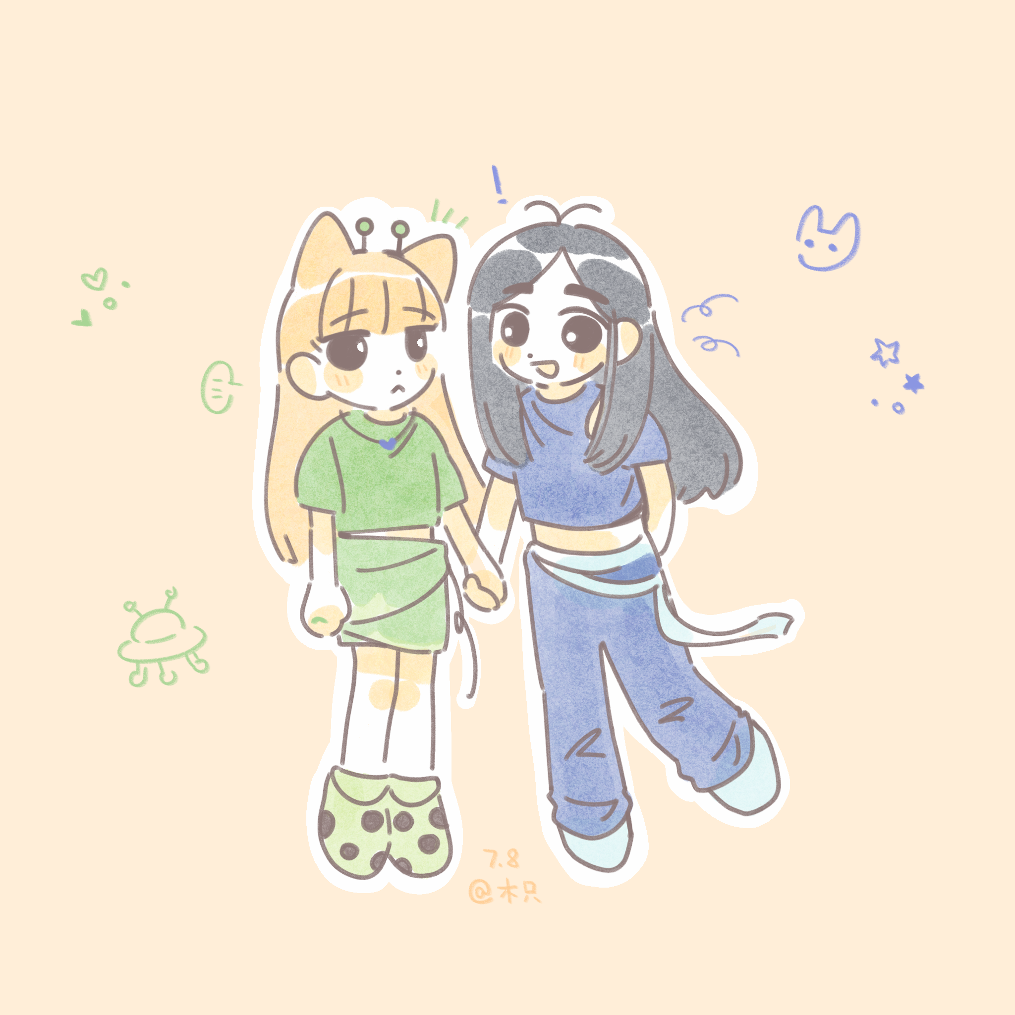 woodonly, haerin (newjeans), minji (newjeans), newjeans, real life, commentary, highres, symbol-only commentary, 2girls, :d, animification, antenna hair, artist name, black hair, blue pants, blue shirt, crop top, cropped shirt, dated, fake antennae, full body, green shirt, green skirt, holding hands, midriff, multiple girls, open mouth, pants, shirt, signature, skirt, smile, standing, star (symbol)