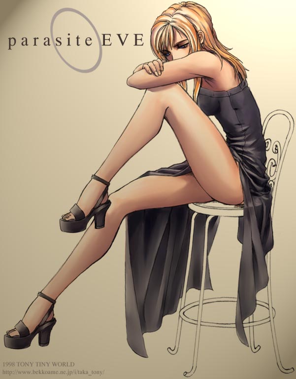 tony taka, aya brea, parasite eve (series), parasite eve i, platform footwear, 1girl, armpits, black dress, blonde hair, chair, dress, feet, female focus, formal clothes, high heels, kneepits, knees, legs, long legs, open shoes, platform heels, platform shoes, shoes, side slit, sitting, solo, thighs