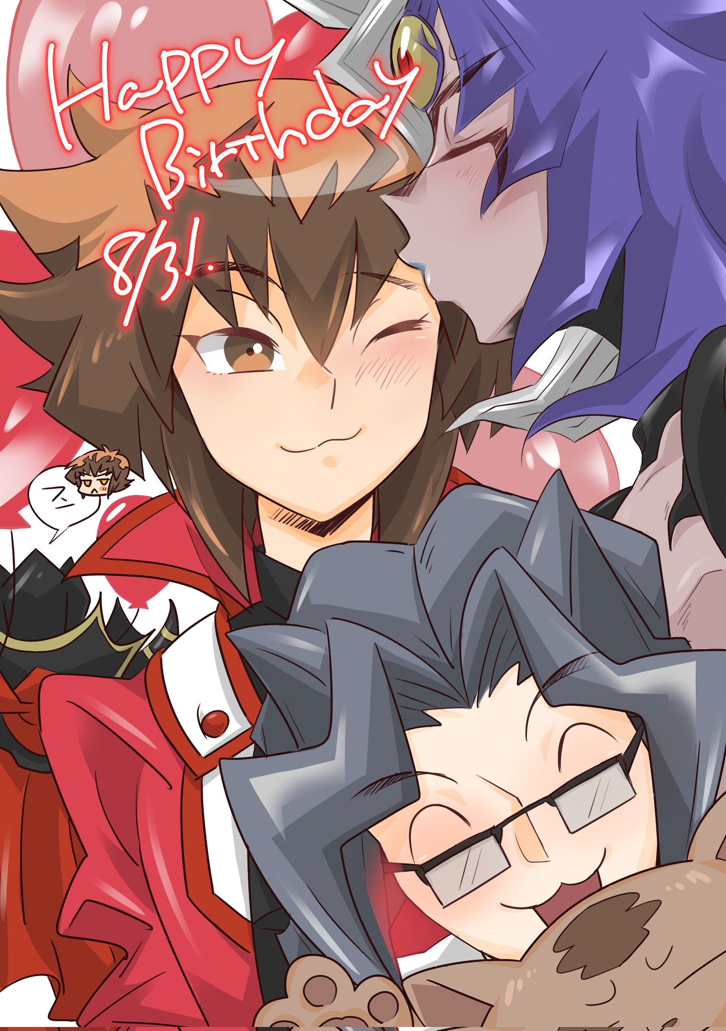 daitokuji, pharaoh (cat), supreme king (yu-gi-oh! gx), yubel, yuki judai, yu-gi-oh!, yu-gi-oh! gx, highres, armor, balloon, black shirt, blue hair, blush, brown eyes, brown hair, collared jacket, dual persona, duel academy uniform (yu-gi-oh! gx), duel monster, glasses, hair between eyes, happy birthday, hyperbiglo77743, jacket, kiss, kissing forehead, one eye closed, shirt, sidelocks, spiked hair, third eye, white hair