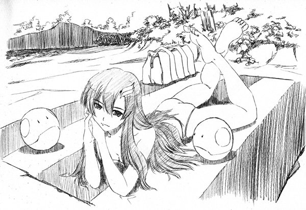 shin hen mori hisa, haro, lacus clyne, gundam, gundam seed, gundam seed destiny, bad id, bad pixiv id, 00s, 1girl, barefoot, beach, bikini, female focus, greyscale, long hair, looking at viewer, lying, monochrome, on stomach, outdoors, solo, swimsuit, the pose