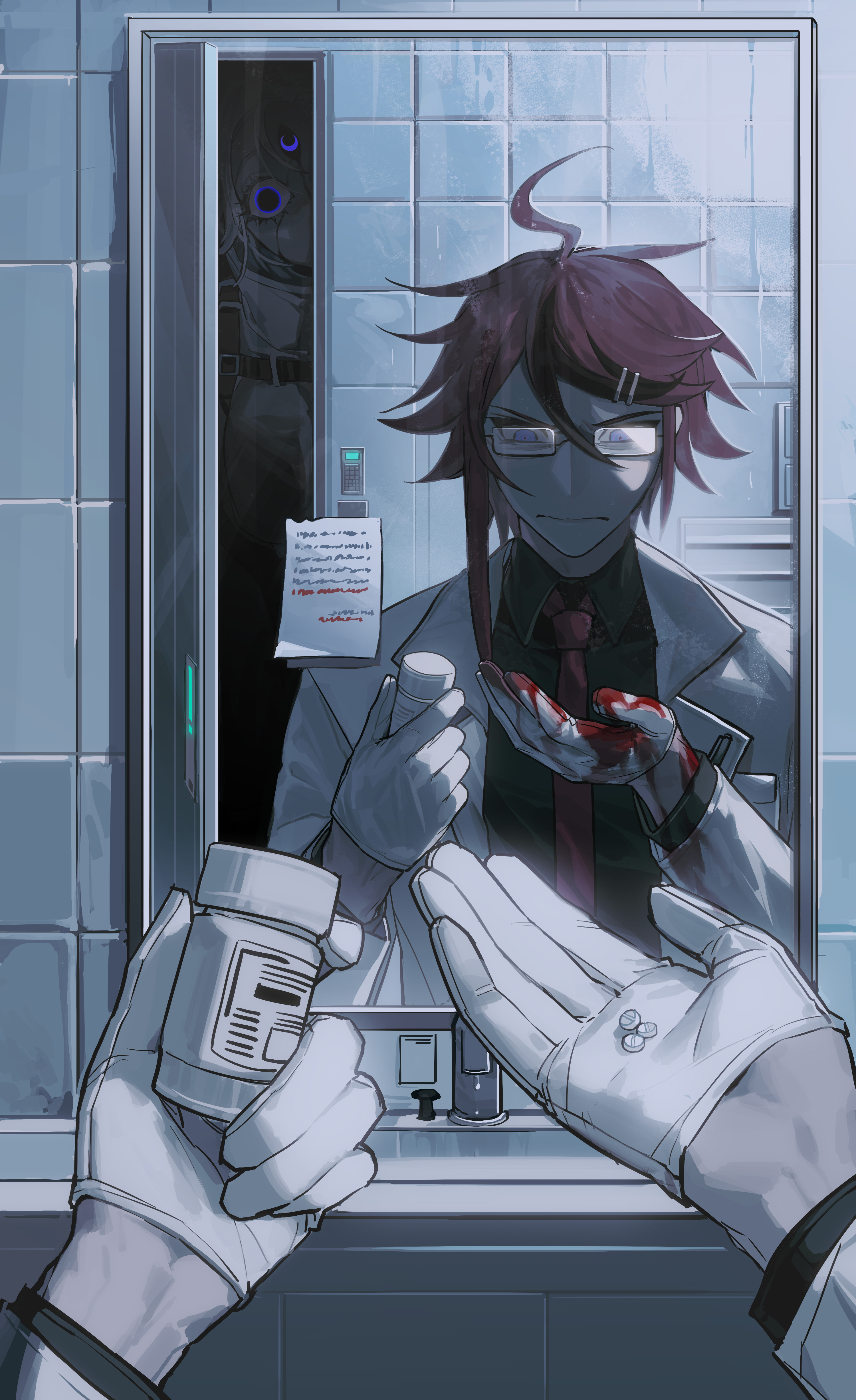 aotsuki eito, sumino takumi, the hundred line -last defense academy-, absurdres, chinese commentary, commentary request, highres, revision, 2boys, ahoge, alternate costume, alternate hairstyle, alternate universe, black shirt, black streaks, blood, blood on clothes, blood on gloves, blue eyes, bottle, breast pocket, collared shirt, different reflection, gloves, grey hair, half gloves, holding, holding bottle, holding pill, horror (theme), jacket, keypad, looking at hand, male focus, multicolored hair, multiple boys, multiple hair clips, necktie, note, open door, paper, peeking out, pen, pill, pill bottle, pocket, pov, pov hands, purple eyes, red hair, red necktie, reflection, shirt, short hair, sink, straitjacket, streaked hair, third eye, tile wall, tiles, white gloves, white jacket, yeshaqianww