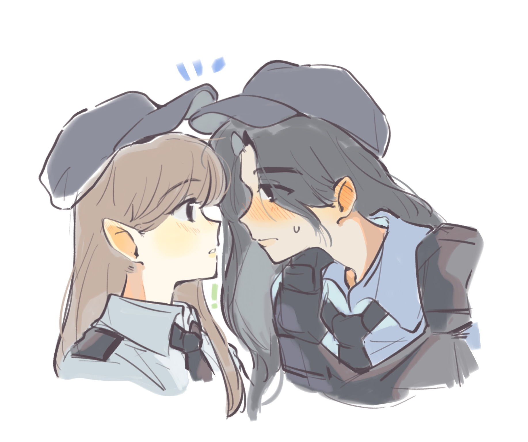 woodonly, haerin (newjeans), minji (newjeans), newjeans, real life, chinese commentary, commentary request, highres, 2girls, animification, black hair, black hat, black necktie, blue shirt, blush, brown hair, bulletproof vest, closed mouth, collared shirt, eye contact, grey shirt, hat, looking at another, multiple girls, necktie, nose blush, notice lines, police, police uniform, policewoman, shirt, simple background, white background