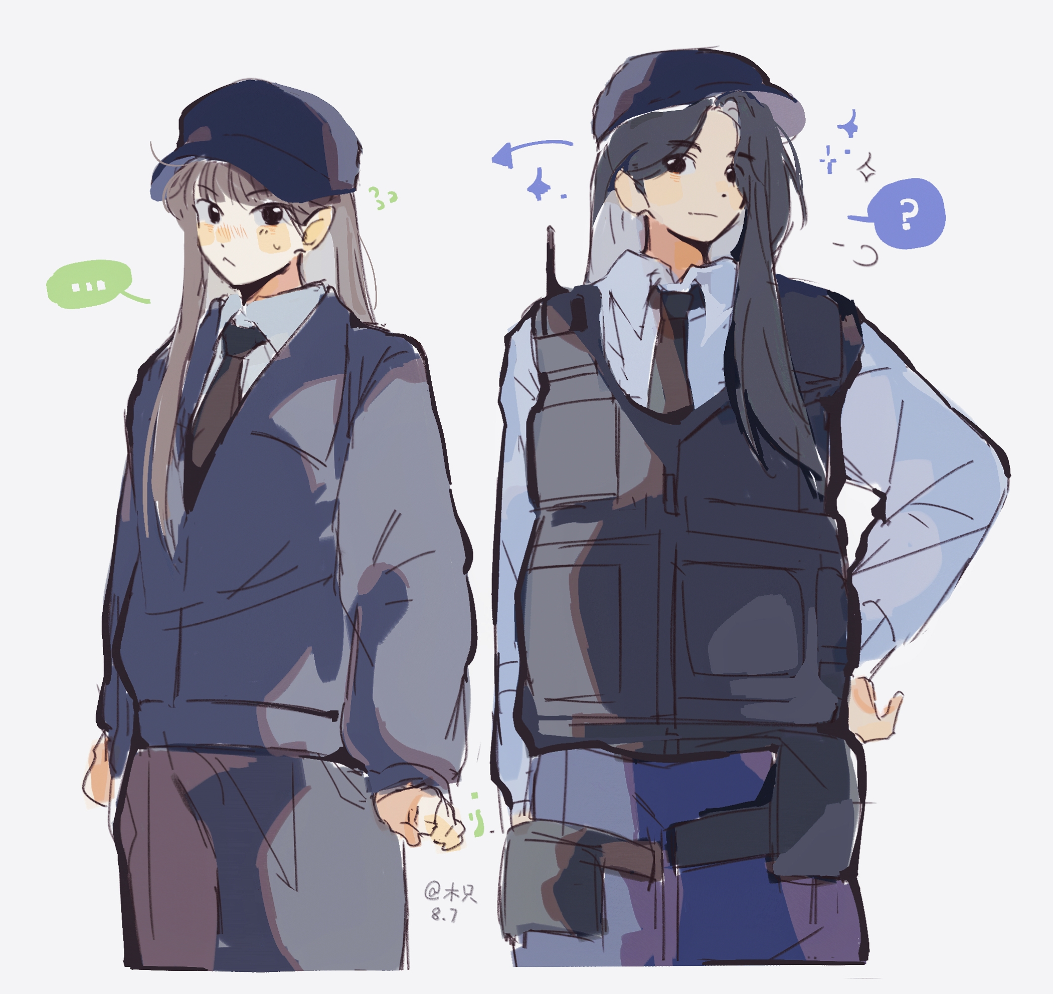 woodonly, haerin (newjeans), minji (newjeans), newjeans, real life, chinese commentary, commentary request, highres, …, 2girls, ?, animification, arrow (symbol), black hair, black hat, black jacket, black necktie, black pants, blue shirt, blush, brown hair, bulletproof vest, closed mouth, collared shirt, colored speech bubble, grey shirt, hat, jacket, multiple girls, necktie, nose blush, notice lines, pants, police, police uniform, policewoman, shirt, simple background, speech bubble, spoken ellipsis, spoken question mark, white background