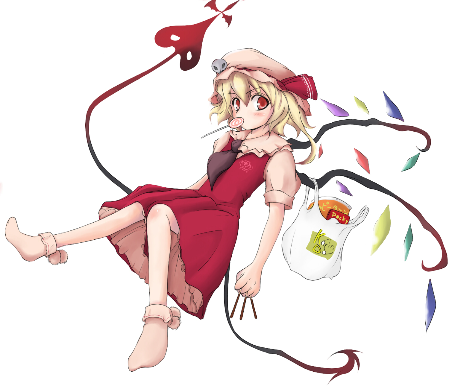 miotama, flandre scarlet, touhou, bad id, bad pixiv id, highres, 1girl, adapted costume, between fingers, blonde hair, candy, dress, female focus, food, hat, holding, laevatein, lollipop, mob cap, one side up, pocky, ribbon, short hair, side ponytail, skull, socks, solo, swirl lollipop, white hat, wings