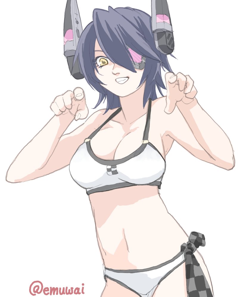 emuwai, tenryuu (kancolle), tenryuu (swimsuit) (kancolle), kantai collection, commentary request, 1girl, bikini, black hair, breasts, checkered necktie, cowboy shot, curled fingers, eyepatch, headgear, large breasts, necktie, official alternate costume, one-hour drawing challenge, short hair, simple background, solo, swimsuit, twitter username, unworn necktie, white background, white bikini, yellow eyes