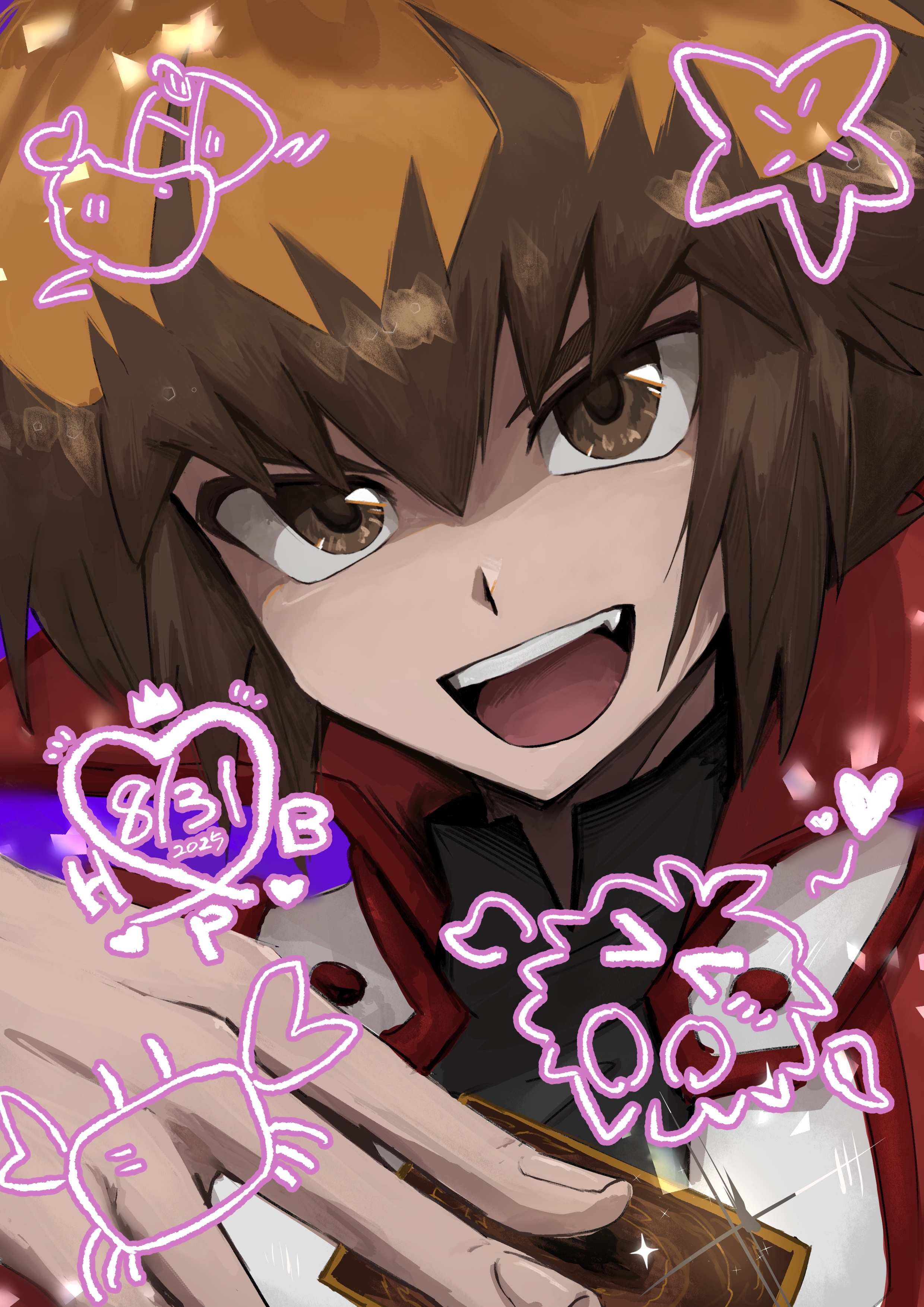 winged kuriboh, yuki judai, yu-gi-oh!, yu-gi-oh! gx, absurdres, highres, 1boy, birthday, black shirt, brown eyes, brown hair, card, collared jacket, collared shirt, crab, duel academy uniform (yu-gi-oh! gx), food, hair between eyes, holding, holding card, jacket, juyuse 908, male focus, open mouth, popped collar, red jacket, shirt, shrimp, shrimp tempura, tempura, trading card