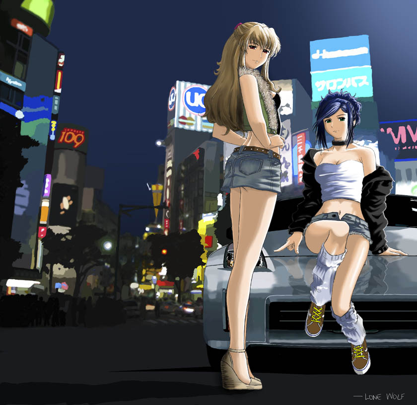 lone wolf, fujino shizuru, kuga natsuki, natsuki kruger, shizuru viola, my-hime, my-otome, nissan, black neckwear, brown footwear, light brown hair, platform footwear, white legwear, non-web source, photoshop (medium), 00s, 109 (department store), 2girls, bare legs, bare shoulders, black jacket, black tube top, blue hair, car, choker, denim, denim skirt, fur-trimmed jacket, fur trim, green eyes, green jacket, hair ornament, hairclip, imageboard desourced, index finger raised, jacket, leg warmers, legs, long hair, looking at viewer, midriff, miniskirt, motor vehicle, multiple girls, nissan 350z, nissan fairlady, nissan fairlady z, on car, open clothes, open jacket, pencil skirt, red eyes, shibuya (tokyo), shibuya 109, shirt, shoes, signature, sitting, skirt, sneakers, strapless, tokyo (city), tube top, white shirt, white tube top