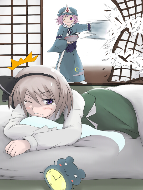 miotama, konpaku youmu, konpaku youmu (ghost), saigyouji yuyuko, touhou, bad id, bad pixiv id, 2girls, alarm clock, clock, damaged, door, female focus, hat, hitodama, japanese clothes, morning, multiple girls, one eye closed, purple eyes, saliva, surprised, tears, wink