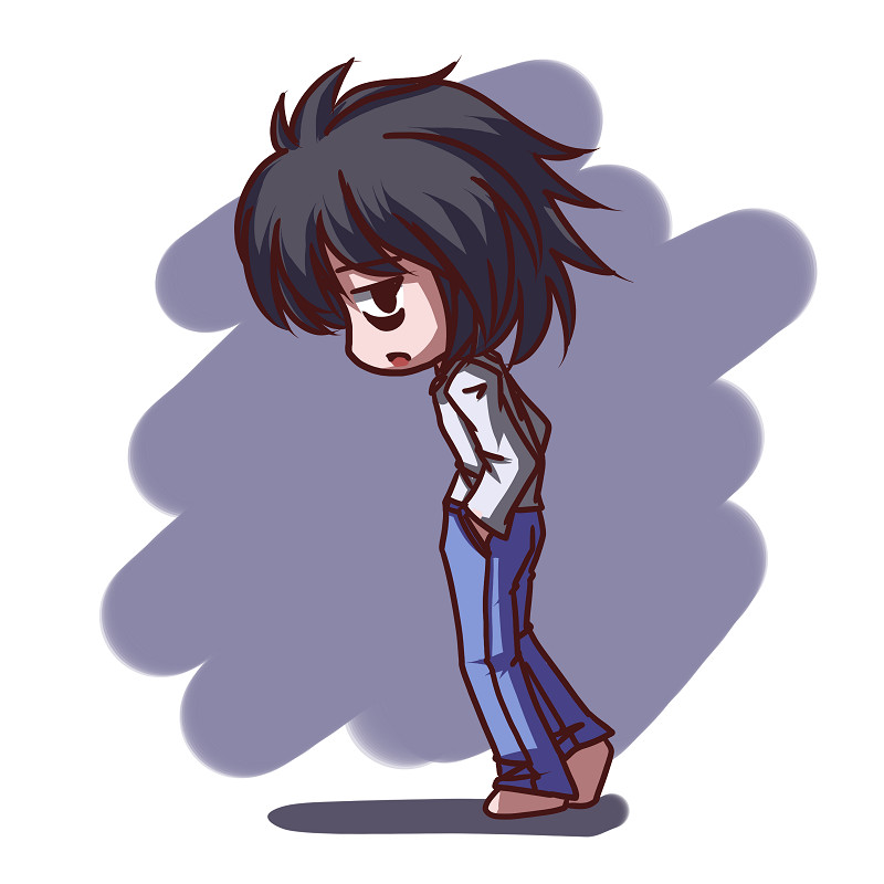 fictional sister, l (death note), death note, 00s, 1boy, bags under eyes, chibi, male focus, open mouth, solo