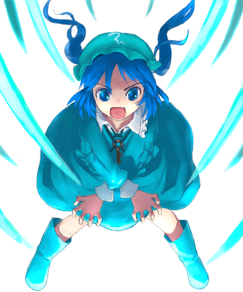 7c, kawashiro nitori, touhou, 1girl, blue dress, blue eyes, blue hair, boots, dress, female focus, full body, legs apart, long sleeves, looking at viewer, matching hair/eyes, pocket, rubber boots, simple background, solo, standing, thighhighs, two side up, white background, x arms, zettai ryouiki