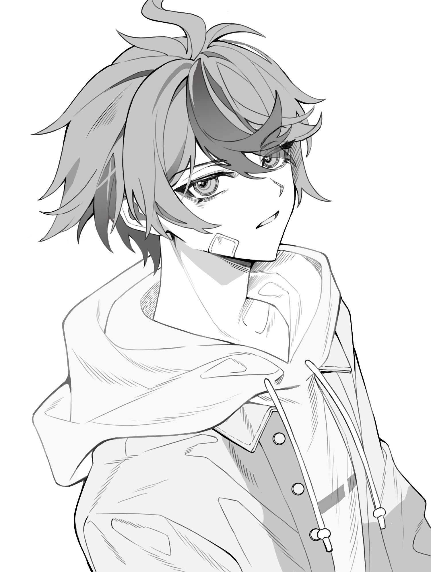 sumino takumi, the hundred line -last defense academy-, highres, 1boy, bandage on cheek, buttons, drawstring, eyes visible through hair, greyscale, hair between eyes, hood, hood down, hoodie, jacket, jacket over hoodie, long sleeves, male focus, monochrome, multicolored hair, open clothes, open jacket, panbaobao, short hair, simple background, solo, streaked hair, two-tone hair, upper body, white background