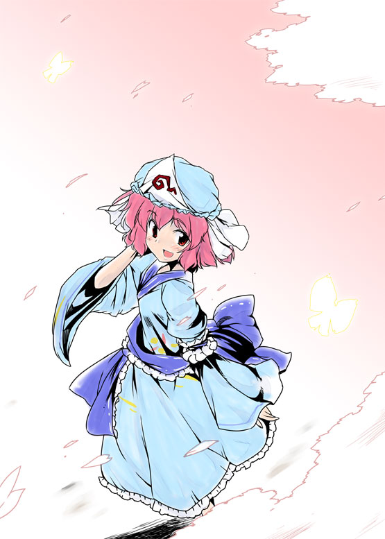 kiku hitomoji, tora tooru, toru tooru, saigyouji yuyuko, touhou, 1girl, :d, arm garter, female focus, frills, from above, full body, hat, japanese clothes, kimono, long sleeves, looking afar, looking to the side, mob cap, obi, open mouth, pink eyes, pink hair, sash, short hair, smile, solo, standing, triangular headpiece, wide sleeves