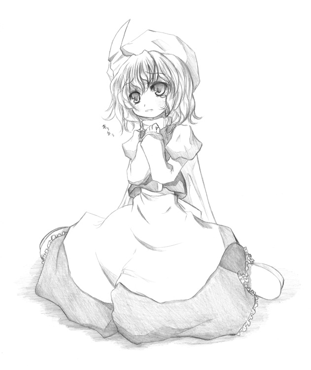 kurona, letty whiterock, touhou, 1girl, apron, blush, dress, expressionless, female focus, frills, full body, greyscale, hat, looking afar, looking down, mob cap, monochrome, puffy short sleeves, puffy sleeves, short sleeves, simple background, sitting, solo, triangular headpiece, waist apron, wariza, white background