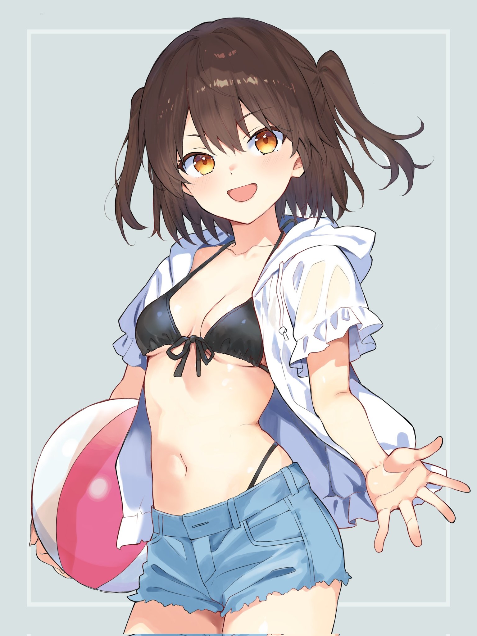 yuzuttan, sendai (kancolle), kantai collection, highres, 1girl, bikini, black bikini, black hair, blue shorts, breasts, cowboy shot, cutoffs, denim, denim shorts, front-tie bikini top, front-tie top, grey background, highleg, highleg bikini, hood, hooded jacket, jacket, navel, open clothes, open jacket, orange eyes, shorts, small breasts, smile, solo, swimsuit, two side up, white jacket