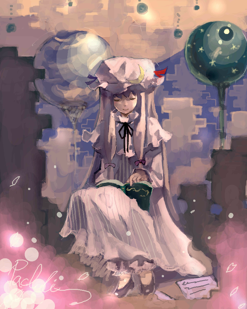 bac, patchouli knowledge, touhou, 1girl, book, female focus, hat, mob cap, open book, orb, purple hair, reading, sitting, smile, solo