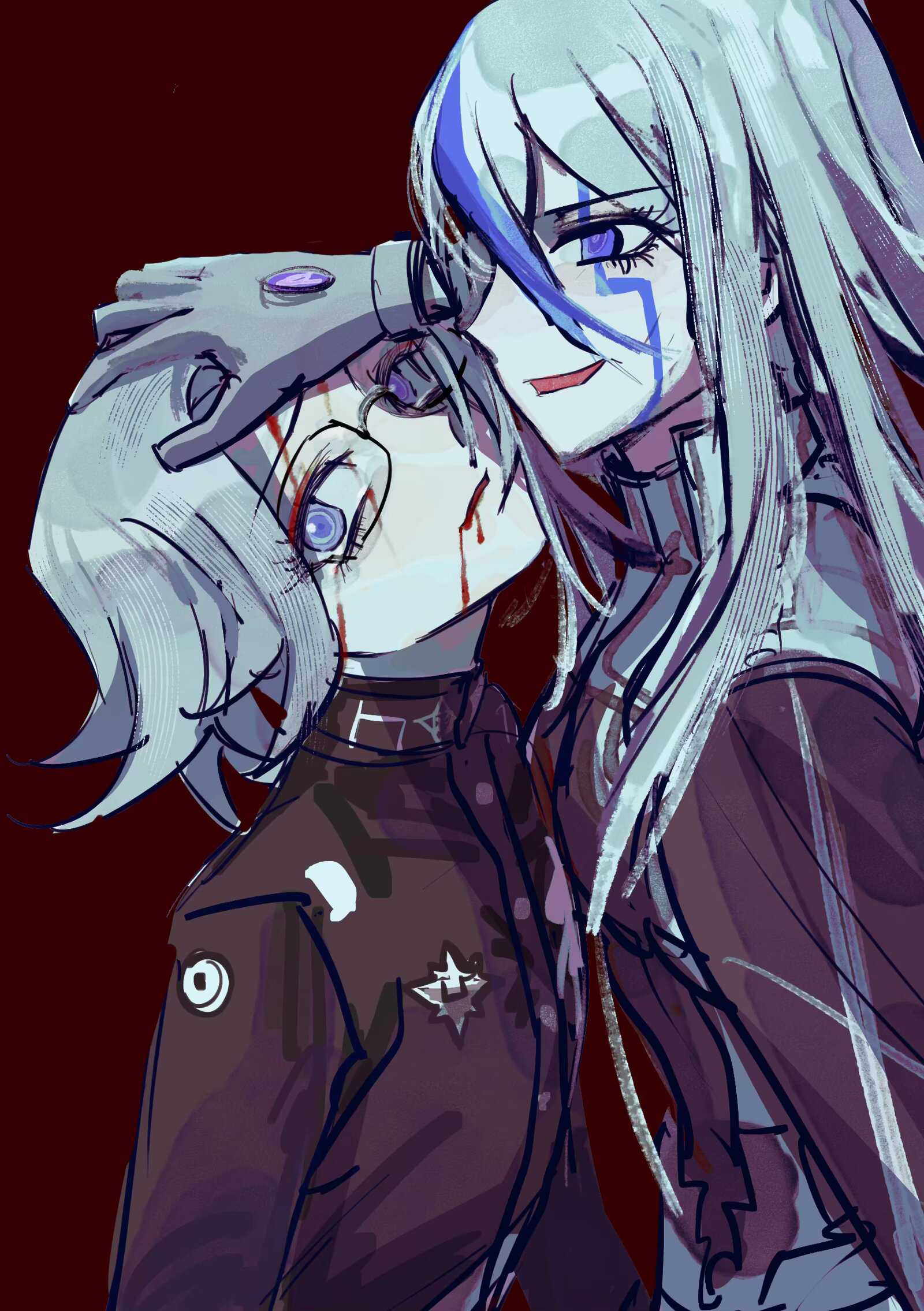 threyes, aotsuki eito, v'ehxness, the hundred line -last defense academy-, highres, 1boy, 1girl, armor, black cape, black jacket, blood, blood from mouth, blood on face, blue streaks, bodysuit, cape, facial mark, gakuran, glasses, gloves, gorget, grey hair, hand on another's head, jacket, last defense academy school uniform, long hair, looking at viewer, multicolored hair, purple eyes, red background, school uniform, short hair, shoulder armor, simple background, sketch, streaked hair, upper body
