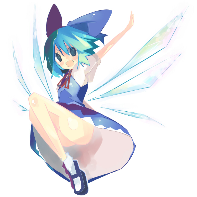 kanikama, cirno, embodiment of scarlet devil, touhou, >:), 1girl, :d, aqua hair, blue dress, blue eyes, blue hair, bow, dress, female focus, full body, hair bow, jumping, mary janes, matching hair/eyes, no panties, open mouth, outstretched arms, shoes, short hair, simple background, smile, solo, spread arms, upskirt, v-shaped eyebrows, wings