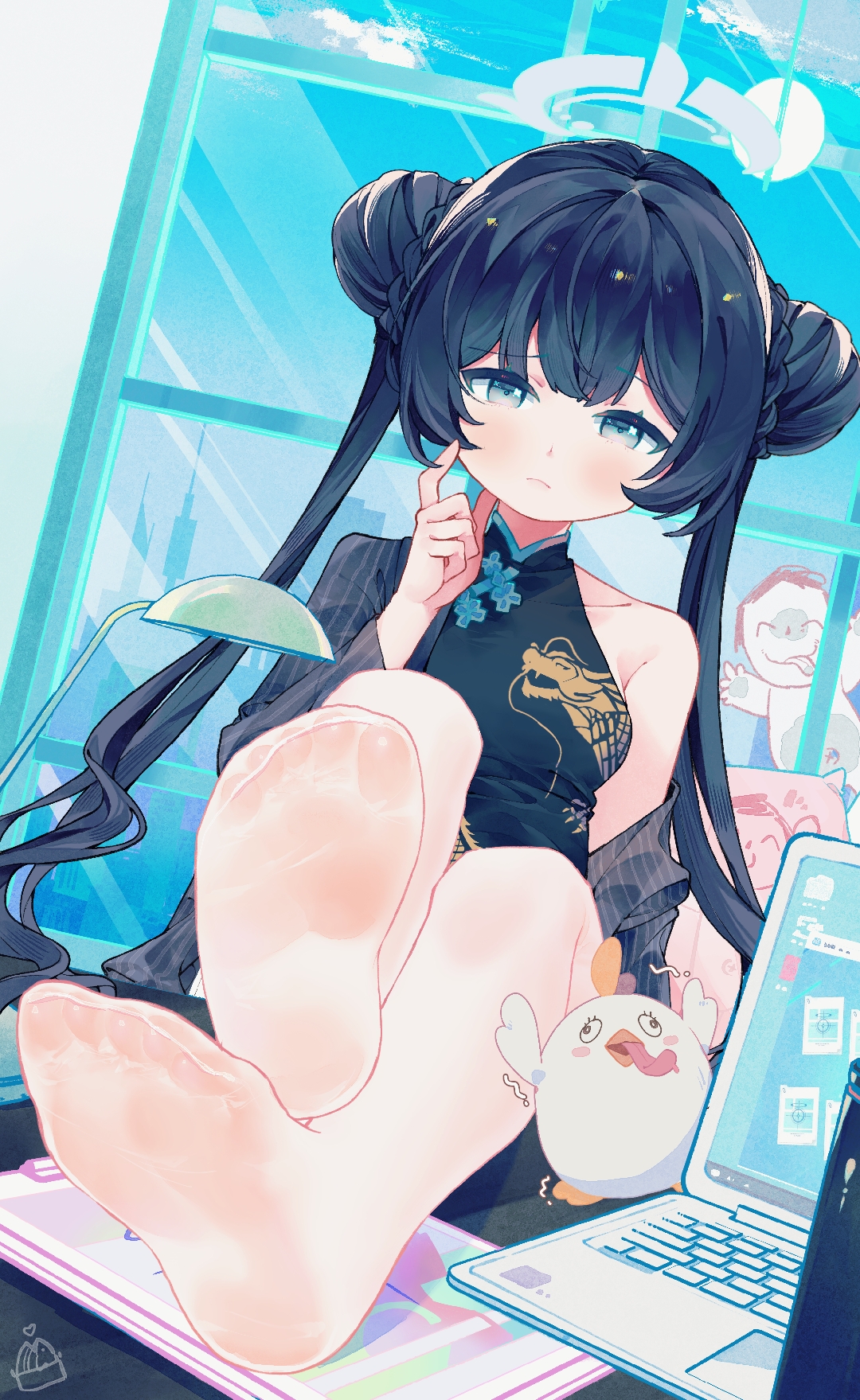 xianyuzi, doodle sensei (blue archive), kisaki (blue archive), peroro (blue archive), sensei (blue archive), blue archive, commentary, highres, 1boy, 1girl, adapted costume, black dress, black hair, black jacket, blush, breasts, china dress, chinese clothes, closed mouth, collarbone, day, desk, double bun, dragon print, dress, dutch angle, feet, foot focus, frown, full body, furrowed brow, grey eyes, grey halo, hair between eyes, hair bun, halo, hand up, index finger raised, indoors, jacket, knees up, long hair, looking at viewer, no shoes, on desk, open clothes, open jacket, pantyhose, presenting foot, print dress, scratching cheek, shy, single bare shoulder, sitting, sleeveless, sleeveless dress, small breasts, soles, solo focus, sparkling eyes, striped clothes, striped jacket, toes, tongue, tongue out, twintails, vertical-striped clothes, vertical-striped jacket, very long hair, white pantyhose, window