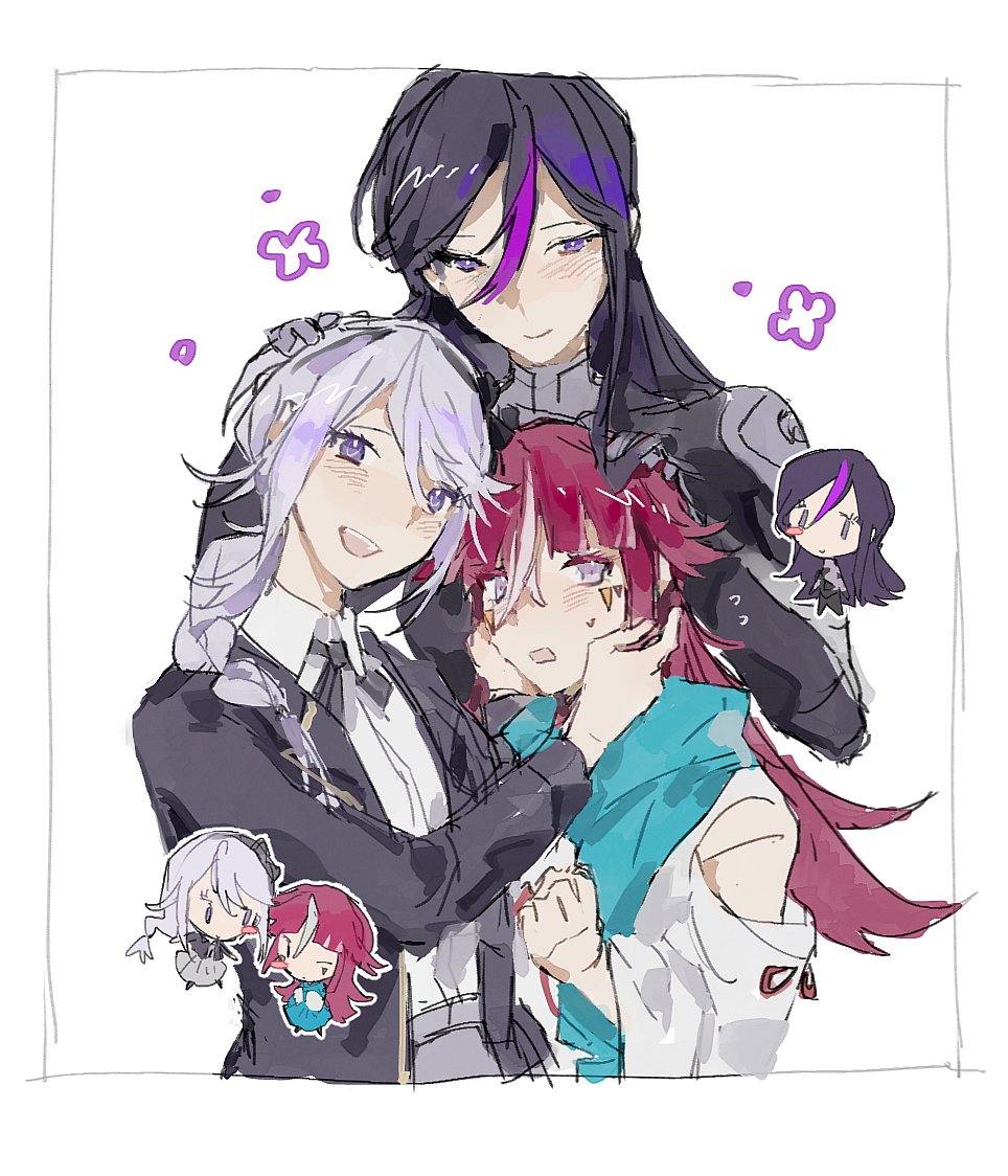 eva (hundred line), kamyuhn, kirifuji nozomi, the hundred line -last defense academy-, 3girls, age difference, black jacket, blush, bodysuit, cheek pinching, chibi, hand on another's head, height difference, jacket, japanese clothes, kimono, mother and daughter, multicolored hair, multiple girls, obi, open mouth, pinching, pink eyes, purple eyes, purple hair, purple streaks, red hair, ren4mi, ribbon, sash, shirt, simple background, smile, streaked hair, white background, white kimono, white shirt, white streaks