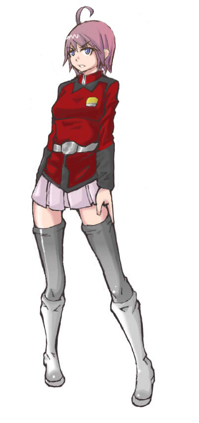 lunamaria hawke, gundam, gundam seed, gundam seed destiny, 00s, 1girl, ahoge, boots, female focus, knee boots, military, military uniform, miniskirt, purple eyes, red hair, short hair, skirt, solo, thighhighs, zettai ryouiki