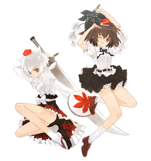 ni (2shi), inubashiri momiji, shameimaru aya, touhou, brown footwear, white legwear, bad id, bad pixiv id, 2girls, arms up, bare legs, black ribbon, black skirt, bow, breasts, brown eyes, brown hair, female focus, hand fan, hat, holding, holding fan, holding weapon, long sleeves, looking at viewer, miniskirt, multiple girls, one eye closed, open mouth, petticoat, puffy short sleeves, puffy sleeves, ribbon, shirt, shoes, short hair, short sleeves, simple background, skirt, small breasts, smile, socks, sword, weapon, white background, white bow, white hair, white shirt, wink