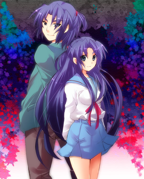 kurohara yuu, asakura ryo, asakura ryoko, suzumiya haruhi no yuuutsu, 00s, 1boy, 1girl, blue eyes, blue hair, blue skirt, blush, cowboy shot, dual persona, genderswap, genderswap (ftm), long hair, looking at viewer, neckerchief, pants, parted bangs, sailor collar, school uniform, serafuku, skirt, standing, sweater, very long hair