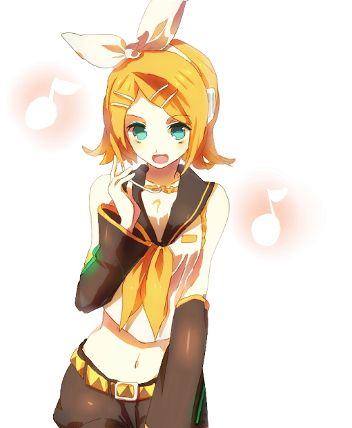 ai mizu, emi, emi (emi43), kagamine rin, vocaloid, bad id, bad pixiv id, 1girl, aqua eyes, blonde hair, bow, detached sleeves, female focus, flat chest, hair bow, hair ornament, hairclip, headphones, headphones around neck, midriff, music, musical note, navel, sailor collar, short hair, shorts, singing, solo
