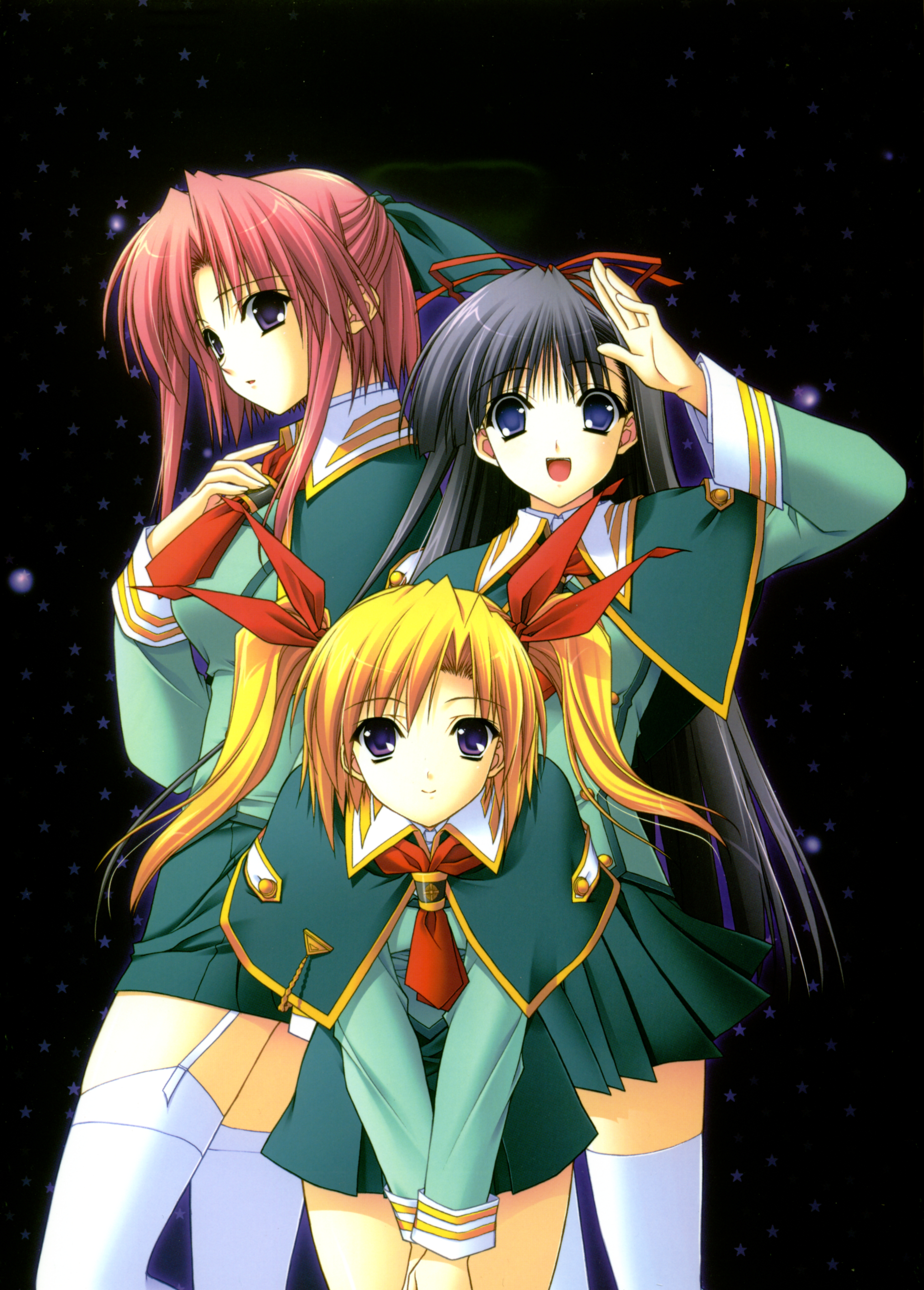 suzuhira hiro, morisaki nao, nagase sayaka, nitta aki, soul link, absurdres, highres, 00s, garter straps, neckerchief, red neckerchief, salute, school uniform, serafuku, thighhighs