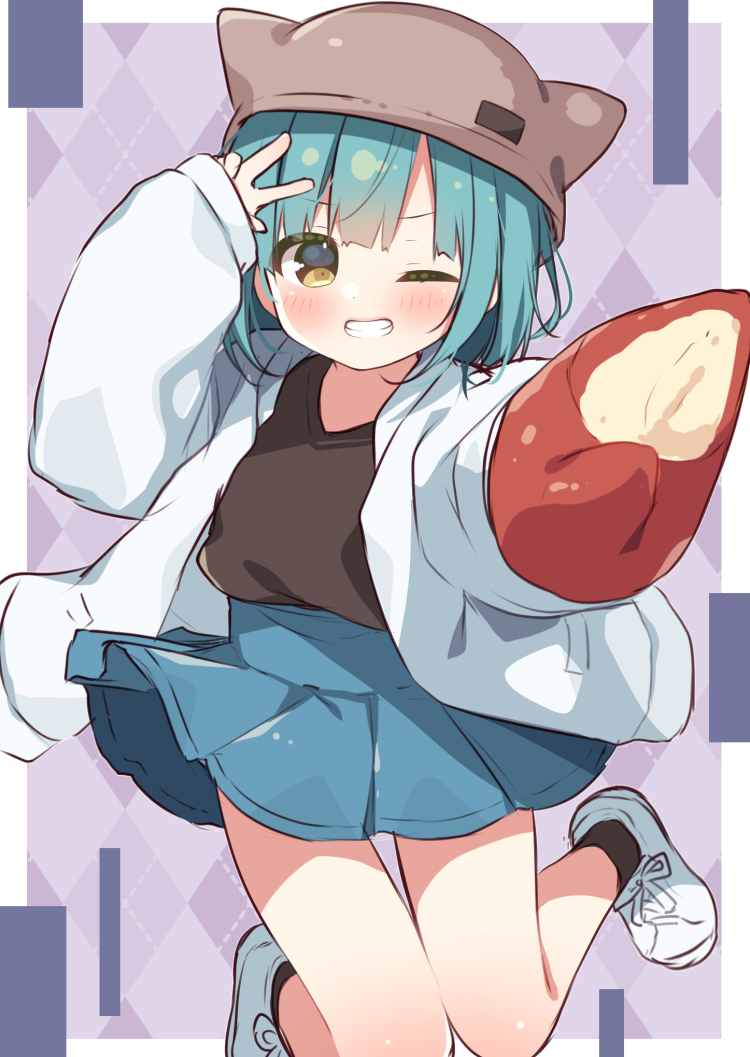 unagi zamurai, bungo yayoi, heaven burns red, 1girl, alternate costume, crab claw, green hair, grin, hat, shoes, short hair, skirt, smile, solo, white shoes, yellow eyes