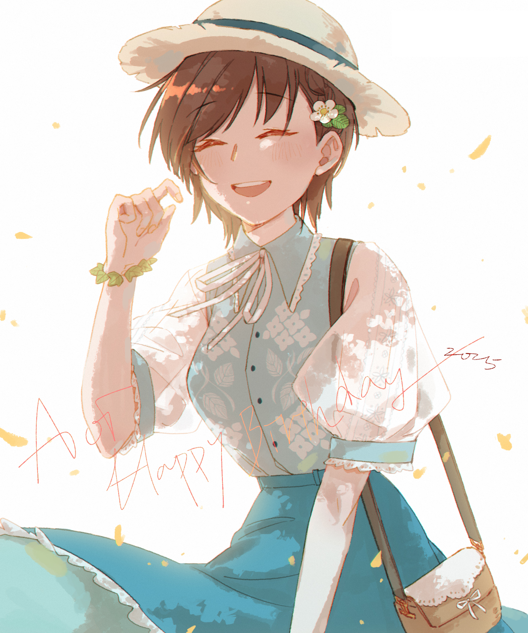 wbon, aoi erika, heaven burns red, highres, 1girl, alternate costume, black hair, bracelet, breasts, closed eyes, hair ornament, happy, hat, jewelry, leaf bracelet, neck ribbon, ribbon, shirt, short hair, solo