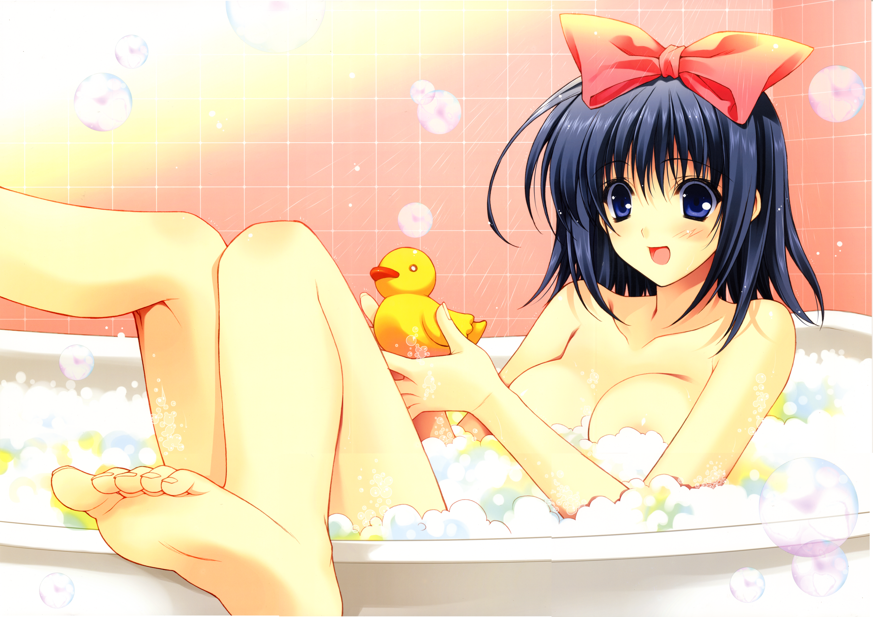 suzuhira hiro, absurdres, highres, 1girl, barefoot, bath, bath toy, bathing, bathtub, black eyes, black hair, blush, bow, breasts, bubble, cleavage, feet, female focus, hair bow, hair ribbon, knees together feet apart, long toenails, nude, ribbon, rubber duck, soles, solo, toe scrunch, toenails, toes