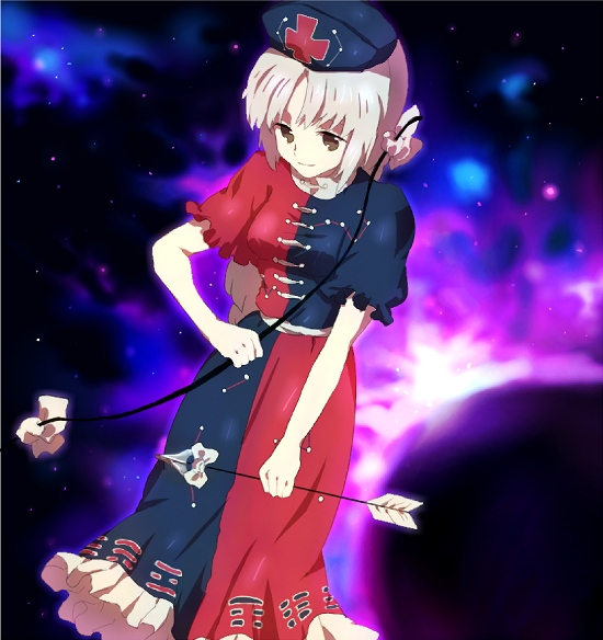 ai mizu, emi, emi (emi43), yagokoro eirin, touhou, bad id, bad pixiv id, 1girl, arrow (projectile), bow (weapon), female focus, hat, solo, star (sky), trigram, weapon