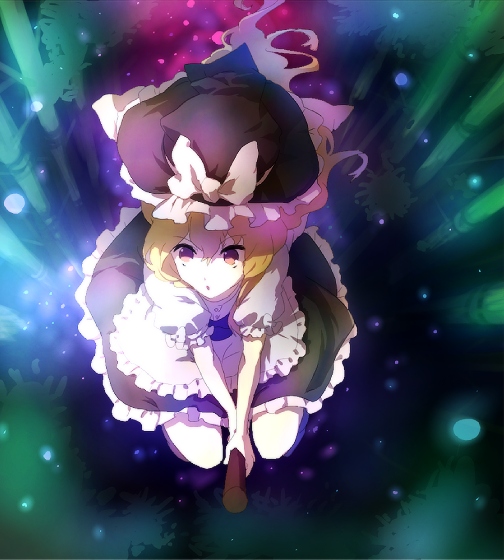 ai mizu, emi, emi (emi43), kirisame marisa, touhou, bad id, bad pixiv id, 1girl, apron, black dress, blonde hair, braid, broom, broom riding, dress, female focus, flying, full body, hat, looking at viewer, magic, puffy short sleeves, puffy sleeves, short sleeves, single braid, solo, waist apron, witch hat