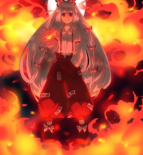 ai mizu, emi, emi (emi43), fujiwara no mokou, touhou, silver hair, bad id, bad pixiv id, 1girl, bow, female focus, fire, hair bow, hair ribbon, hand in pocket, long hair, moon, multiple hair bows, outstretched arm, outstretched hand, pants, red eyes, ribbon, shoes, solo, suspenders, white devil