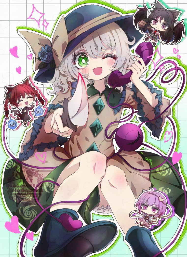 kayon (touzoku), kaenbyou rin, komeiji koishi, komeiji satori, reiuji utsuho, touhou, 4girls, animal ears, arm cannon, bird wings, black boots, black dress, black hat, black wings, blue shirt, boots, bow, braid, buttons, cat ears, chibi, diamond button, dress, eyeball, floral print, flower, frilled shirt collar, frilled sleeves, frills, green bow, green eyes, green hair, green skirt, hair bow, hair ornament, hairband, hat, hat ribbon, heart, heart hair ornament, holding, holding knife, holding phone, knife, multiple girls, multiple tails, one eye closed, phone, pink eyes, pink hair, pink skirt, red hair, ribbon, rose, rose print, shirt, siblings, sisters, skirt, tail, third eye, third eye on chest, twin braids, two tails, weapon, wide sleeves, wings, yellow ribbon, yellow shirt